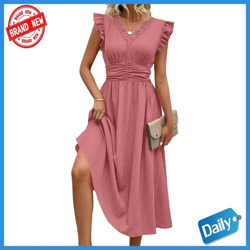 Ruffle Sleeve V-Neck Midi Dress Smocked Waist Pockets Lightweight